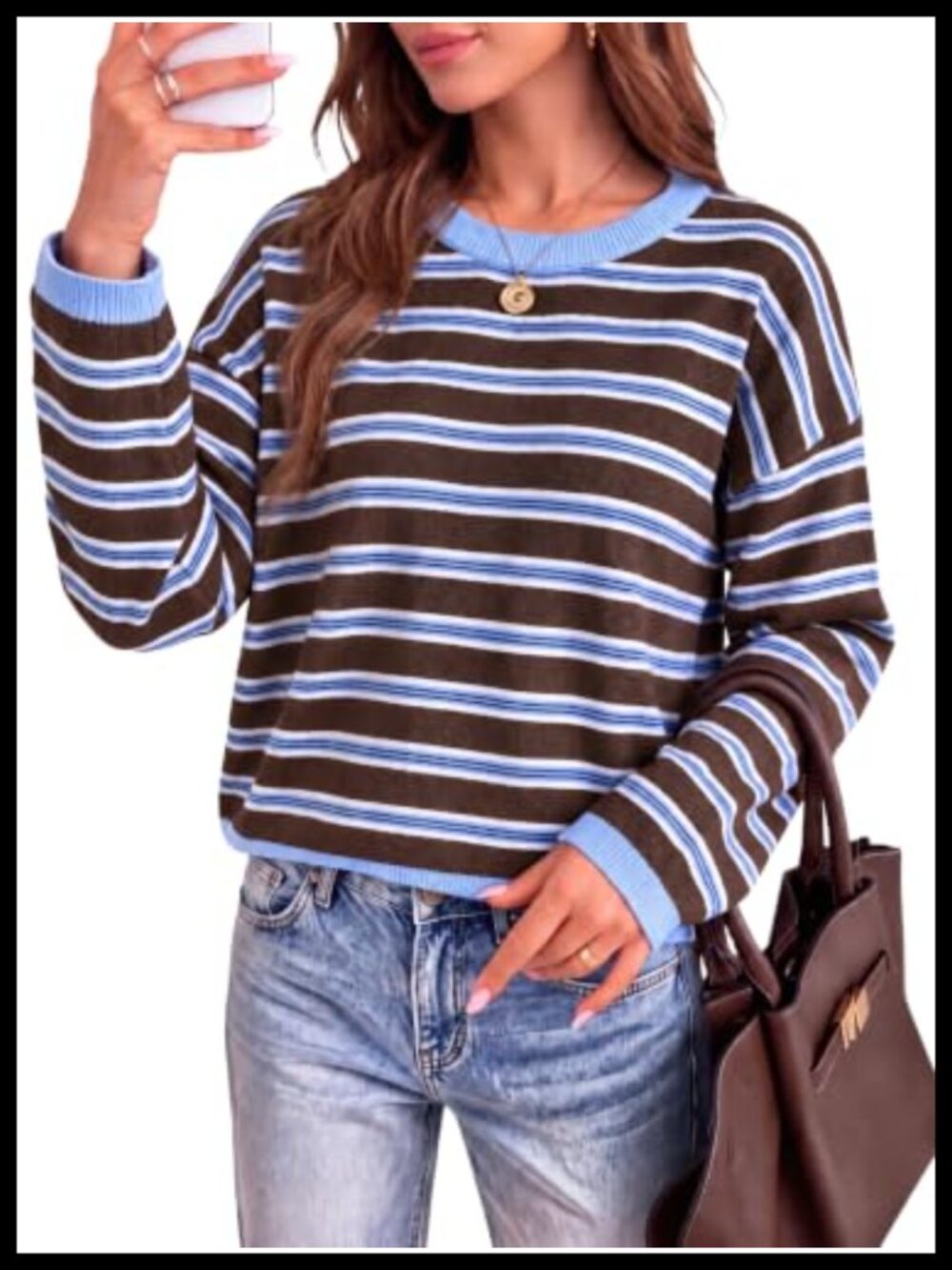 Striped Oversized Knit Pullover Sweater Crew Neck Long Sleeve